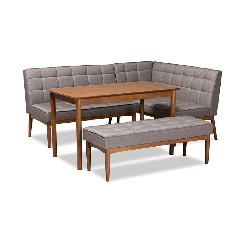 Baxton Studio Sanford Mid-Century Modern Grey Fabric Upholstered and Walnut Brown Finished Wood 4-Piece Dining Nook Set