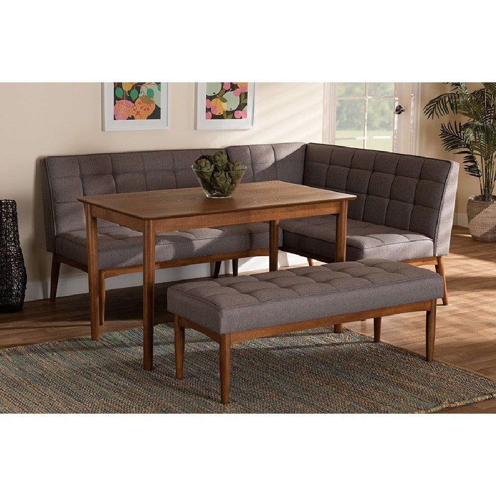 Baxton Studio Sanford Mid-Century Modern Grey Fabric Upholstered and Walnut Brown Finished Wood 4-Piece Dining Nook Set