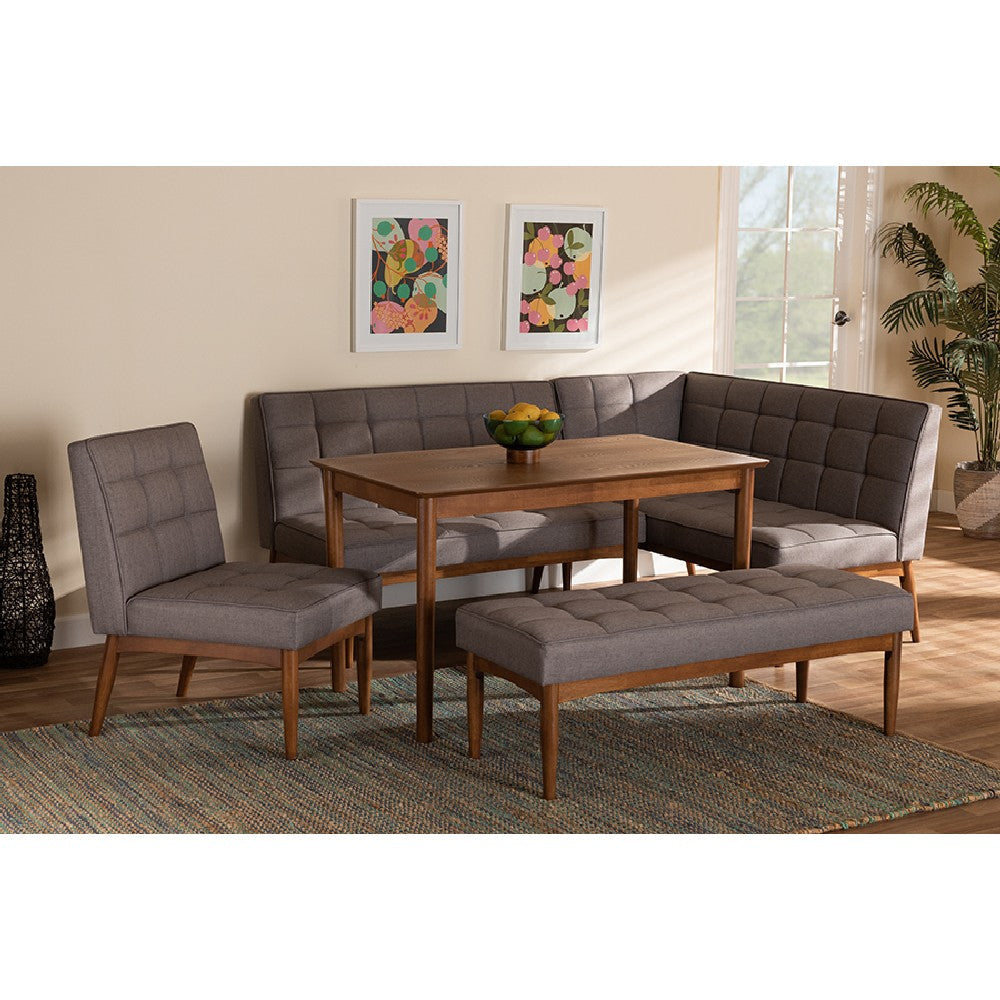 Baxton Studio Sanford Mid-Century Modern Grey Fabric Upholstered and Walnut Brown Finished Wood 5-Piece Dining Nook Set