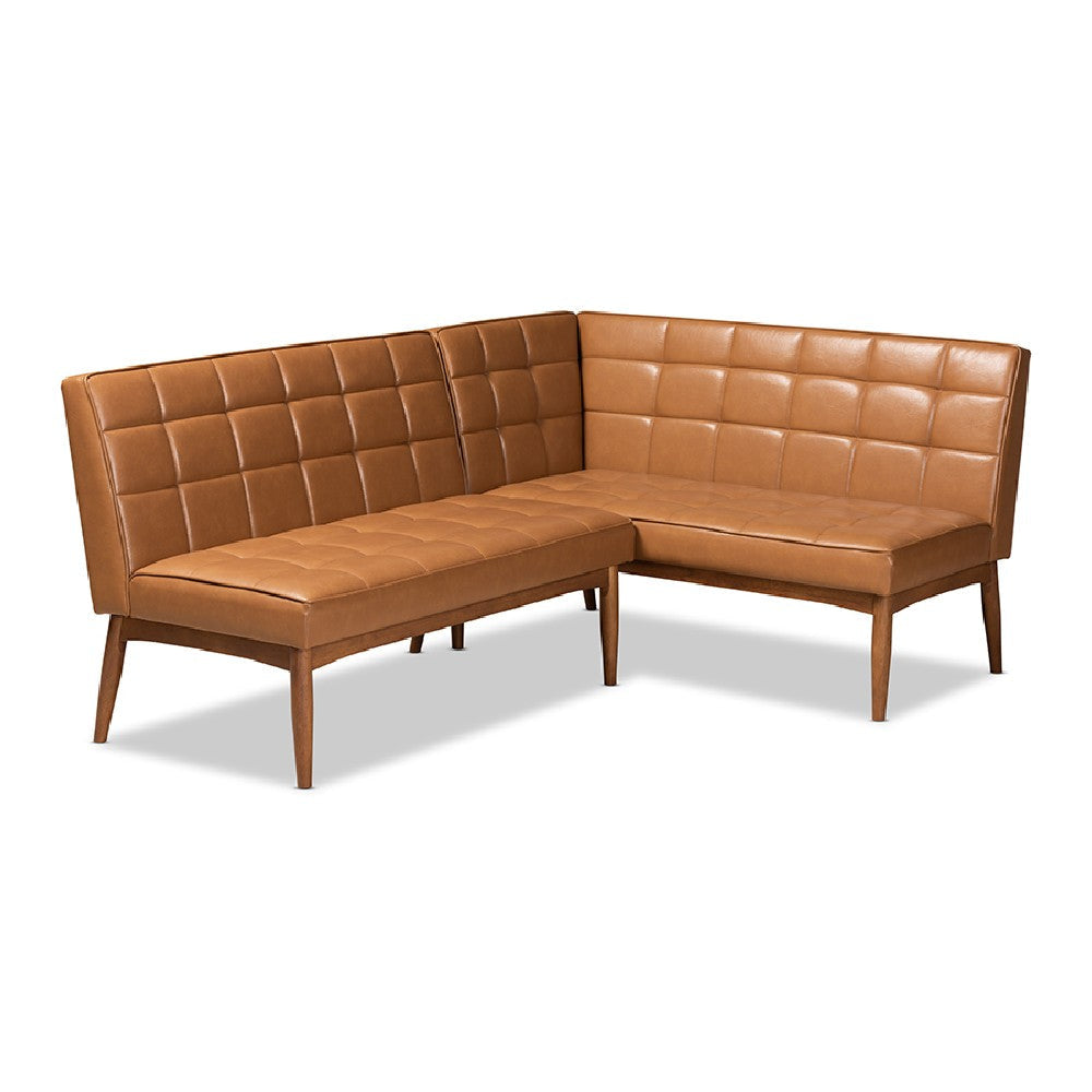 Baxton Studio Sanford Mid-Century Modern Tan Faux Leather Upholstered and Walnut Brown Finished Wood 2-Piece Dining Nook Banquette Set