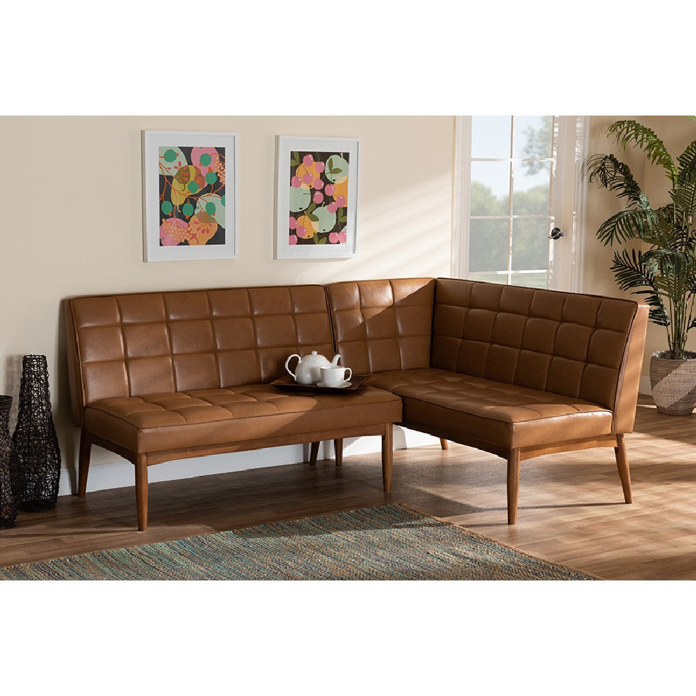 Baxton Studio Sanford Mid-Century Modern Tan Faux Leather Upholstered and Walnut Brown Finished Wood 2-Piece Dining Nook Banquette Set