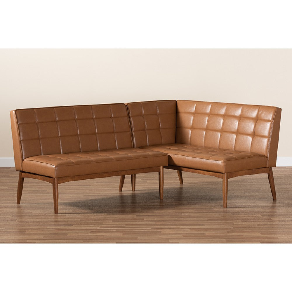 Baxton Studio Sanford Mid-Century Modern Tan Faux Leather Upholstered and Walnut Brown Finished Wood 2-Piece Dining Nook Banquette Set