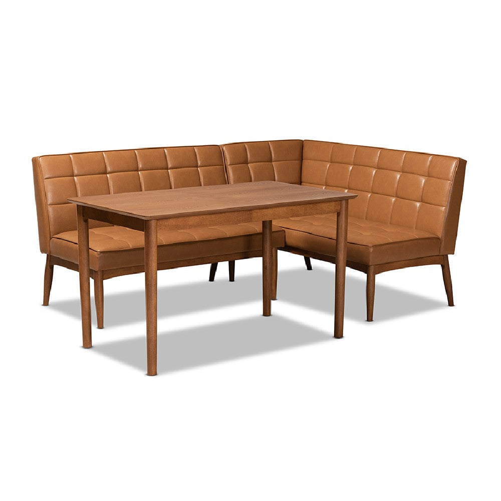 Baxton Studio Sanford Mid-Century Modern Tan Faux Leather Upholstered and Walnut Brown Finished Wood 3-Piece Dining Nook Set