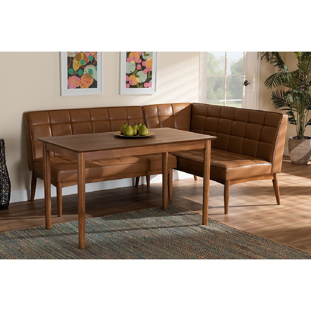 Baxton Studio Sanford Mid-Century Modern Tan Faux Leather Upholstered and Walnut Brown Finished Wood 3-Piece Dining Nook Set