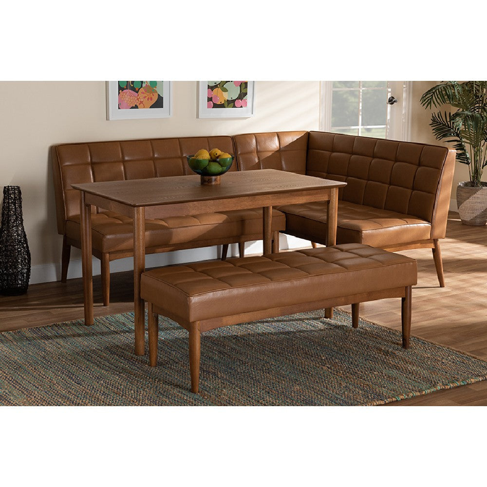 Baxton Studio Sanford Mid-Century Modern Tan Faux Leather Upholstered and Walnut Brown Finished Wood 4-Piece Dining Nook Set