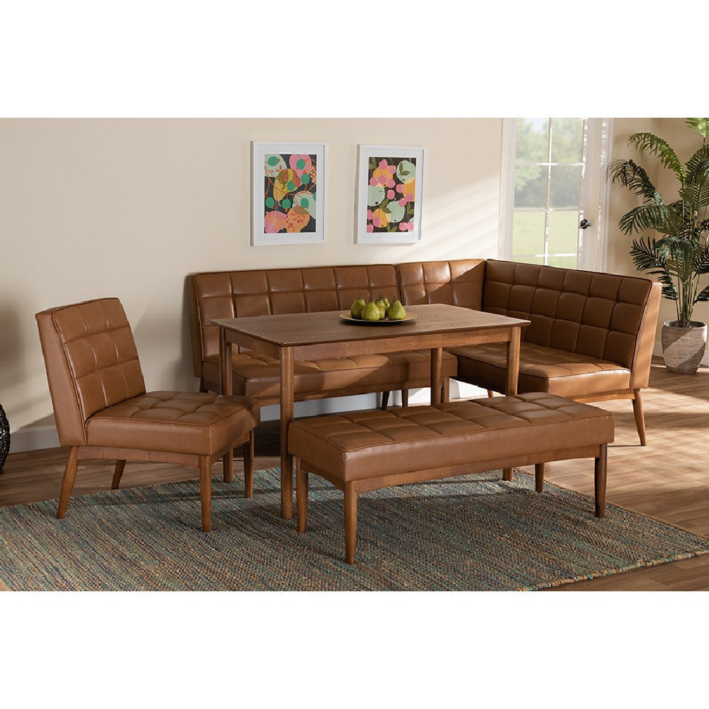 Baxton Studio Sanford Mid-Century Modern Tan Faux Leather Upholstered and Walnut Brown Finished Wood 5-Piece Dining Nook Set