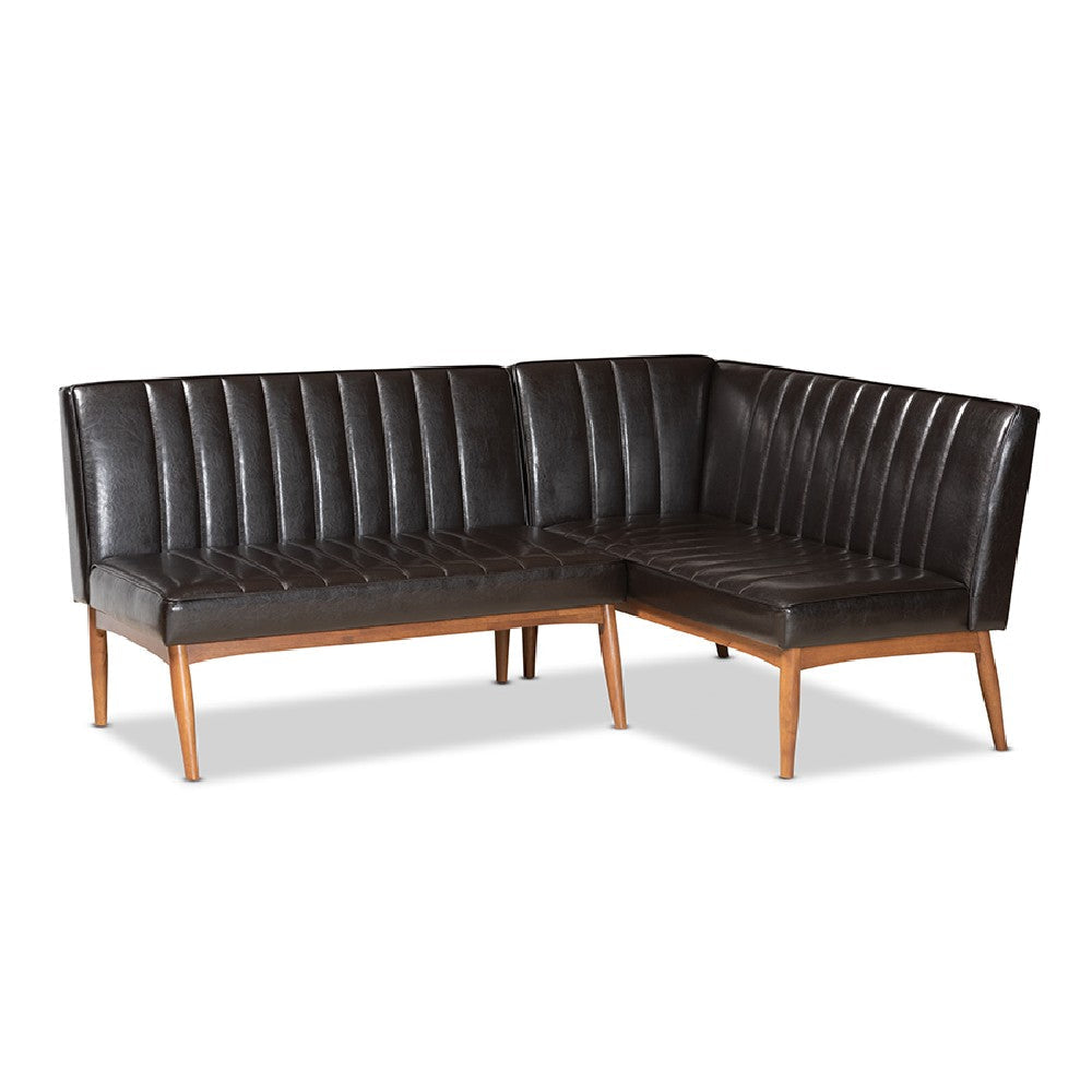 Baxton Studio Daymond Mid-Century Modern Dark Brown Faux Leather Upholstered and Walnut Brown Finished Wood 2-Piece Dining Nook Banquette