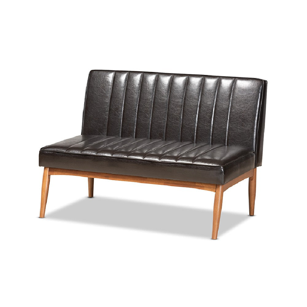 Baxton Studio Daymond Mid-Century Modern Dark Brown Faux Leather Upholstered and Walnut Brown Finished Wood 2-Piece Dining Nook Banquette