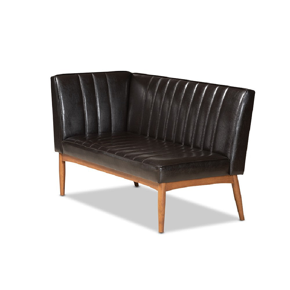 Baxton Studio Daymond Mid-Century Modern Dark Brown Faux Leather Upholstered and Walnut Brown Finished Wood 2-Piece Dining Nook Banquette