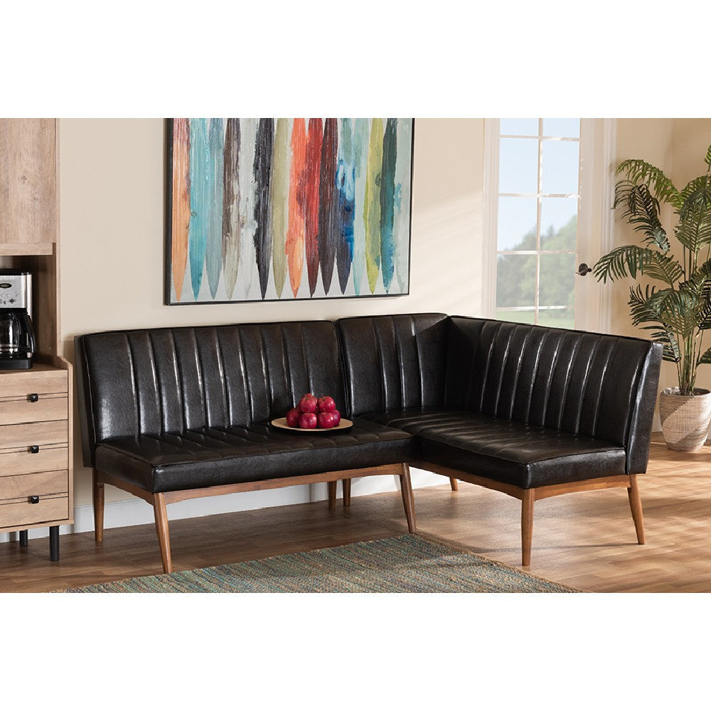Baxton Studio Daymond Mid-Century Modern Dark Brown Faux Leather Upholstered and Walnut Brown Finished Wood 2-Piece Dining Nook Banquette