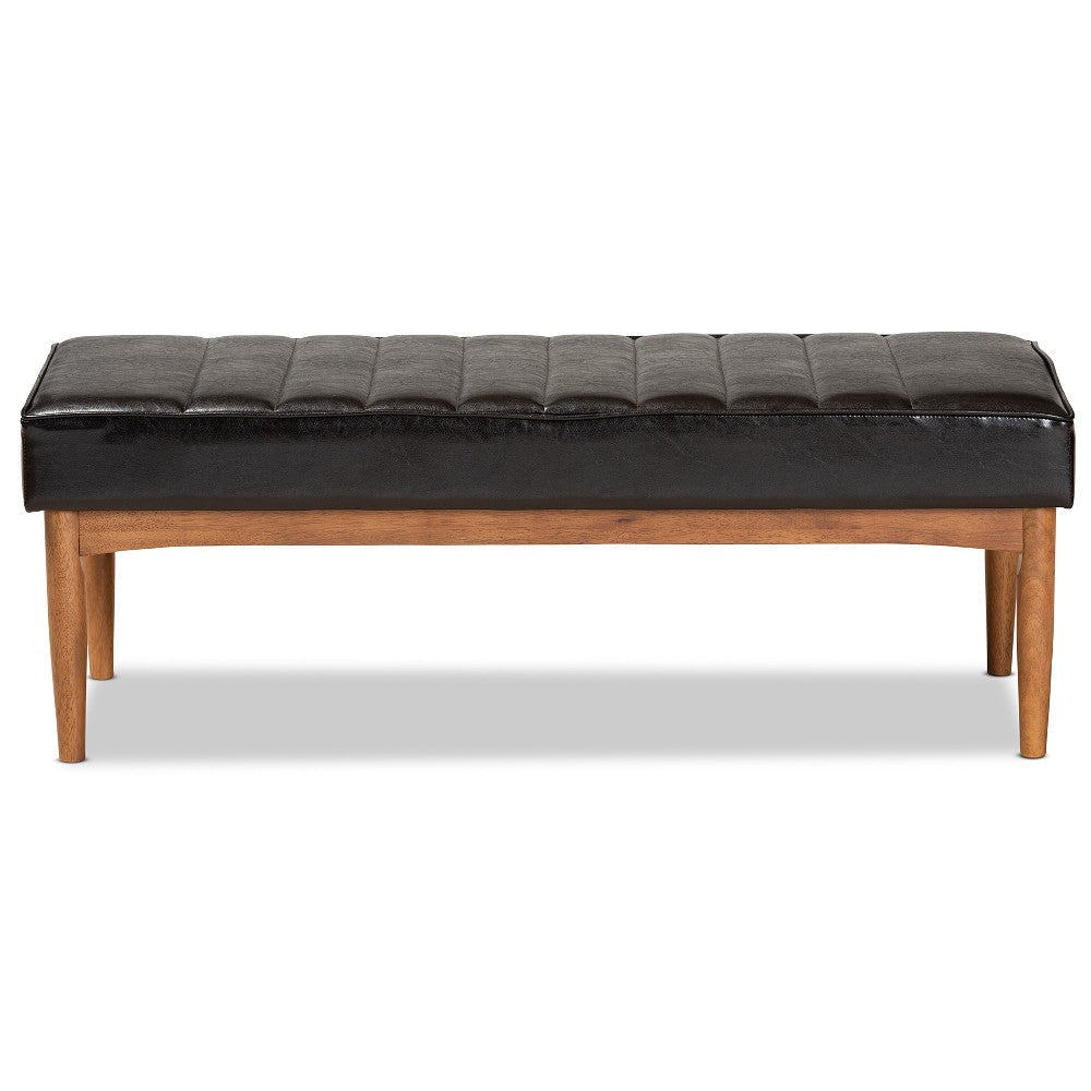 Baxton Studio Daymond Mid-Century Modern Dark Brown Faux Leather Upholstered and Walnut Brown Finished Wood Dining Bench