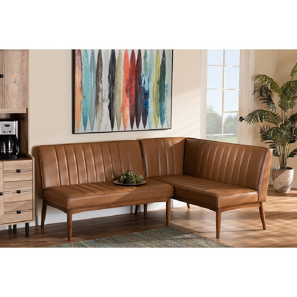 Baxton Studio Daymond Mid-Century Modern Tan Faux Leather Upholstered and Walnut Brown Finished Wood 2-Piece Dining Nook Banquette Set