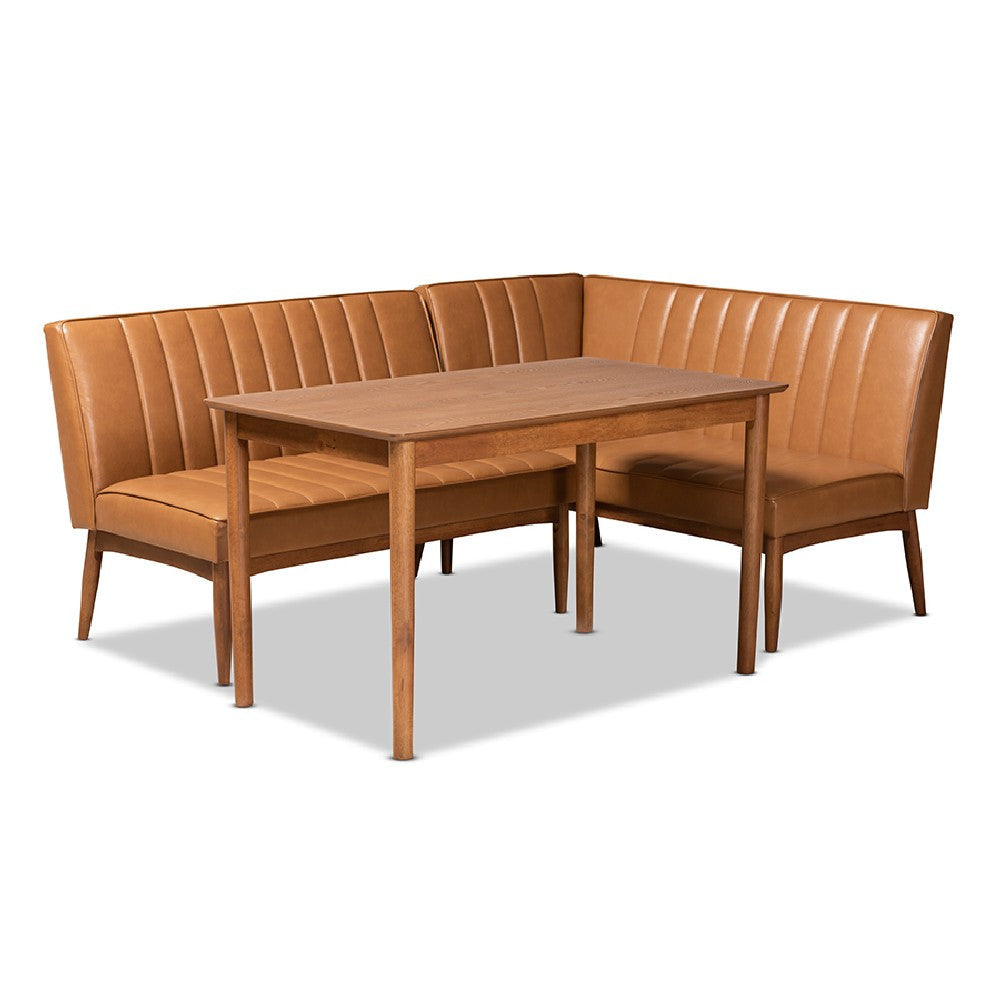 Baxton Studio Daymond Mid-Century Modern Tan Faux Leather Upholstered and Walnut Brown Finished Wood 3-Piece Dining Nook Set