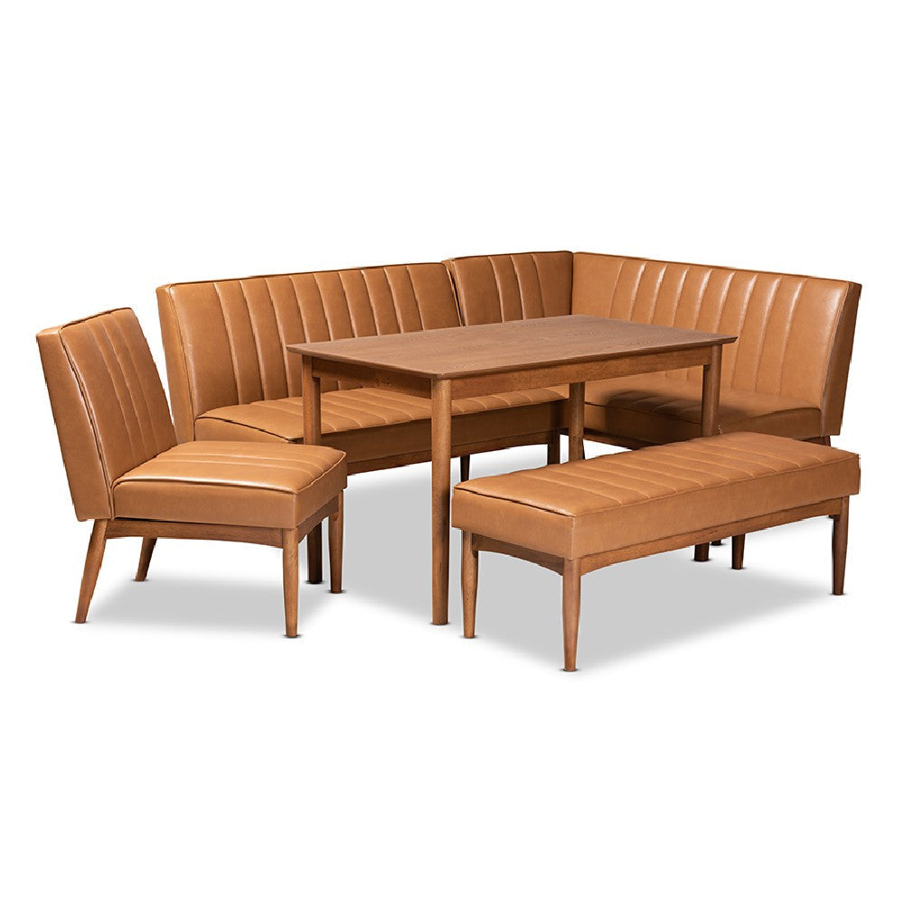 Baxton Studio Daymond Mid-Century Modern Tan Faux Leather Upholstered and Walnut Brown Finished Wood 5-Piece Dining Nook Set