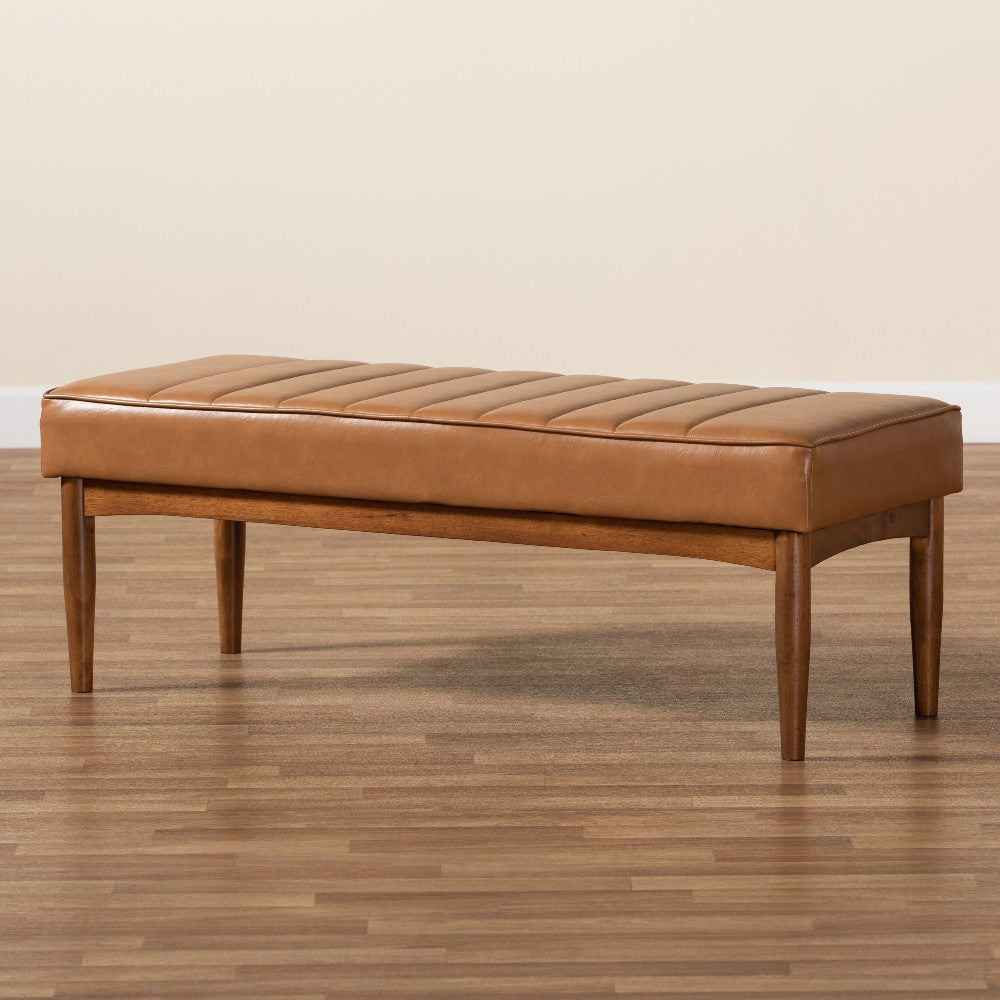Baxton Studio Daymond Mid-Century Modern Tan Faux Leather Upholstered and Walnut Brown Finished Wood Dining Bench