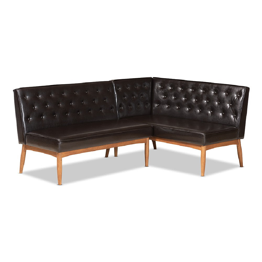 Baxton Studio Riordan Mid-Century Modern Dark Brown Faux Leather Upholstered and Walnut Brown Finished Wood 2-Piece Dining Nook Banquette