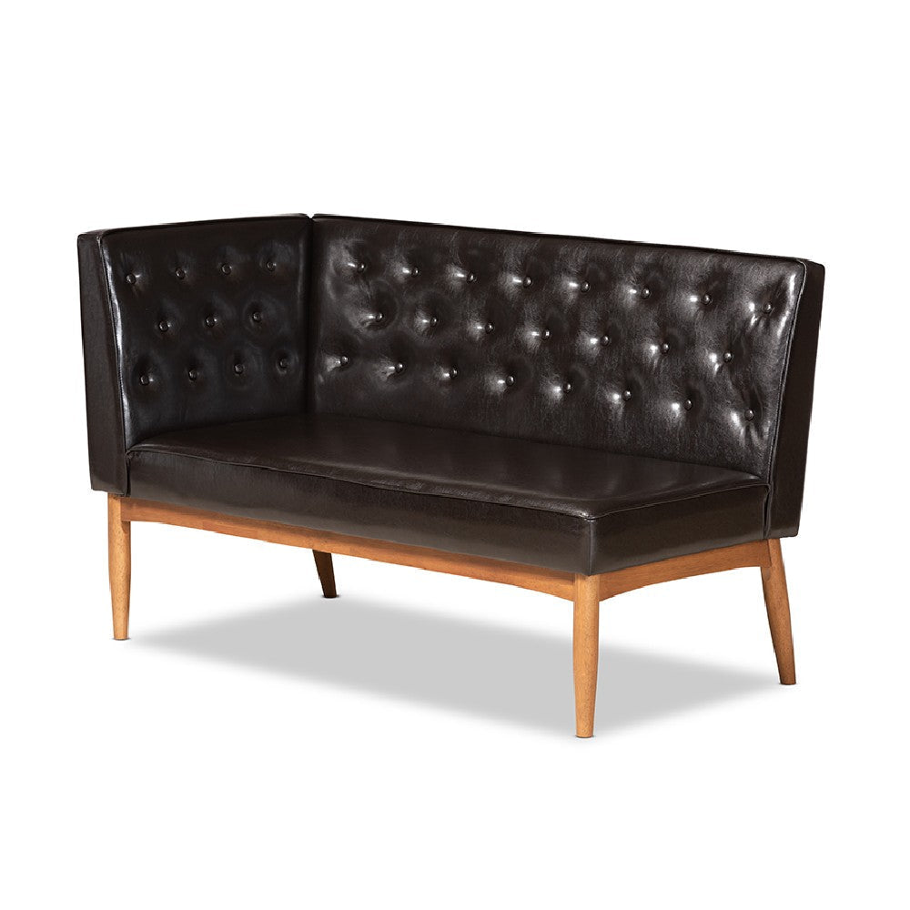 Baxton Studio Riordan Mid-Century Modern Dark Brown Faux Leather Upholstered and Walnut Brown Finished Wood 2-Piece Dining Nook Banquette
