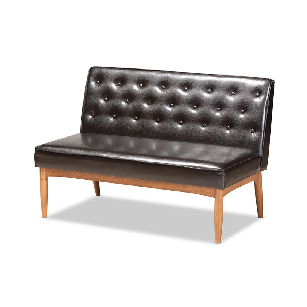 Baxton Studio Riordan Mid-Century Modern Dark Brown Faux Leather Upholstered and Walnut Brown Finished Wood 2-Piece Dining Nook Banquette