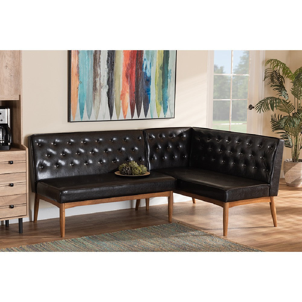 Baxton Studio Riordan Mid-Century Modern Dark Brown Faux Leather Upholstered and Walnut Brown Finished Wood 2-Piece Dining Nook Banquette