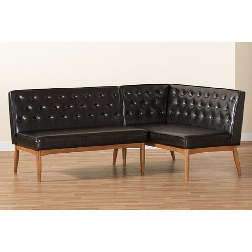 Baxton Studio Riordan Mid-Century Modern Dark Brown Faux Leather Upholstered and Walnut Brown Finished Wood 2-Piece Dining Nook Banquette Set