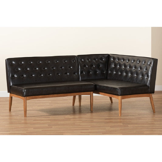 Baxton Studio Riordan Mid-Century Modern Dark Brown Faux Leather Upholstered and Walnut Brown Finished Wood 2-Piece Dining Nook Banquette Set