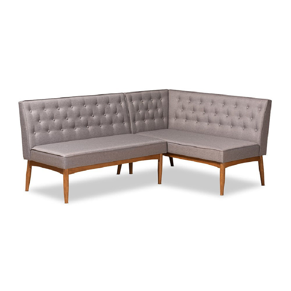 Baxton Studio Riordan Mid-Century Modern Grey Fabric Upholstered and Walnut Brown Finished Wood 2-Piece Dining Nook Banquette Set