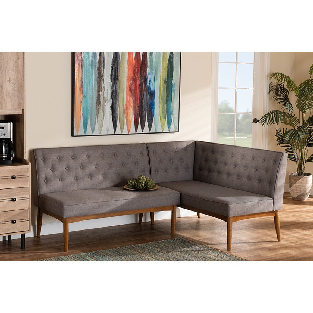 Baxton Studio Riordan Mid-Century Modern Grey Fabric Upholstered and Walnut Brown Finished Wood 2-Piece Dining Nook Banquette Set