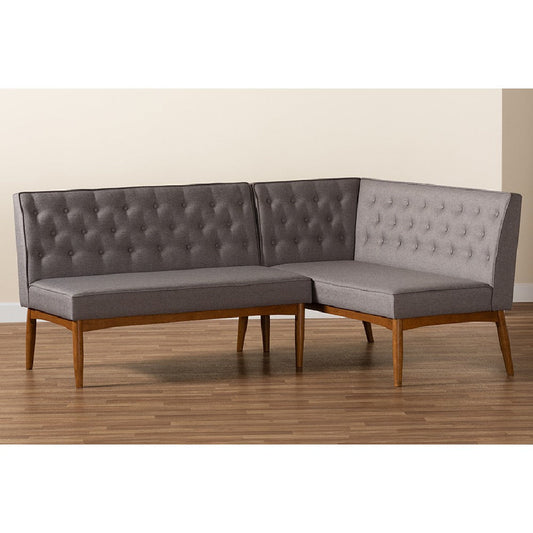 Baxton Studio Riordan Mid-Century Modern Grey Fabric Upholstered and Walnut Brown Finished Wood 2-Piece Dining Nook Banquette Set