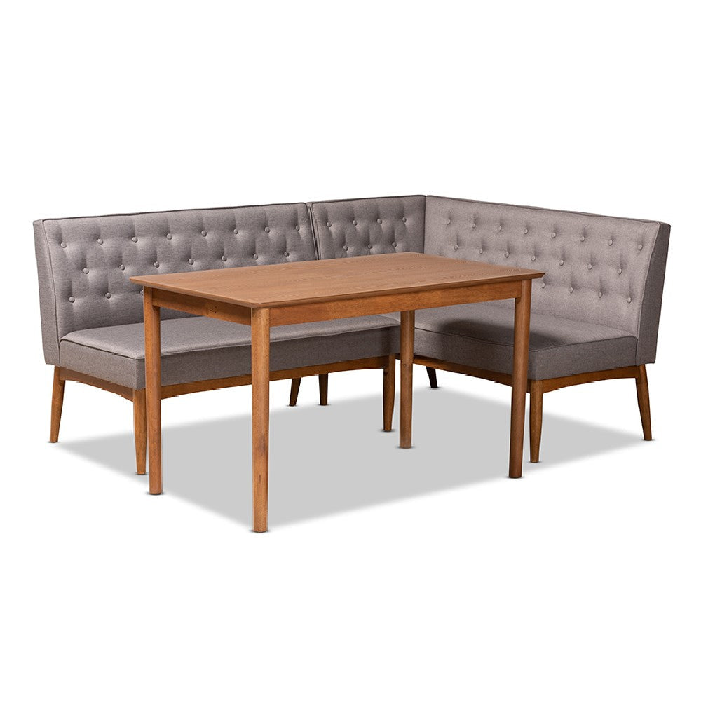 Baxton Studio Riordan Mid-Century Modern Grey Fabric Upholstered and Walnut Brown Finished Wood 3-Piece Dining Nook Set