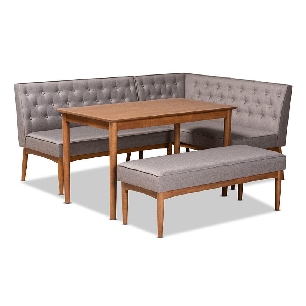 Baxton Studio Riordan Mid-Century Modern Grey Fabric Upholstered and Walnut Brown Finished Wood 4-Piece Dining Nook Set