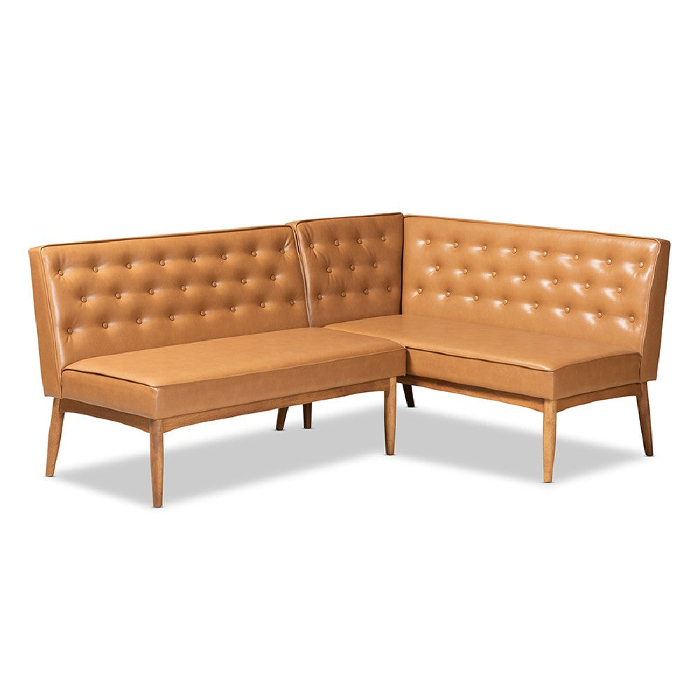 Baxton Studio Riordan Mid-Century Modern Tan Faux Leather Upholstered and Walnut Brown Finished Wood 2-Piece Dining Nook Banquette Set