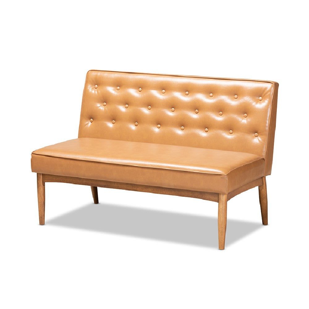 Baxton Studio Riordan Mid-Century Modern Tan Faux Leather Upholstered and Walnut Brown Finished Wood 2-Piece Dining Nook Banquette Set