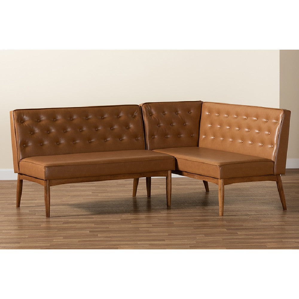 Baxton Studio Riordan Mid-Century Modern Tan Faux Leather Upholstered and Walnut Brown Finished Wood 2-Piece Dining Nook Banquette Set