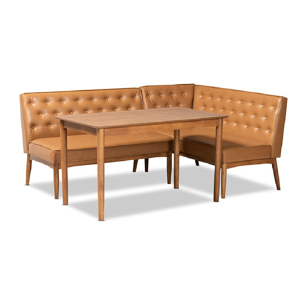 Baxton Studio Riordan Mid-Century Modern Tan Faux Leather Upholstered and Walnut Brown Finished Wood 3-Piece Dining Nook Set