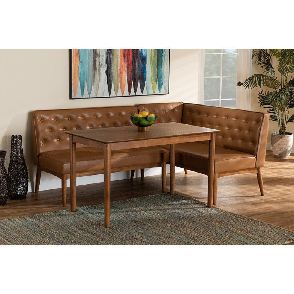 Baxton Studio Riordan Mid-Century Modern Tan Faux Leather Upholstered and Walnut Brown Finished Wood 3-Piece Dining Nook Set