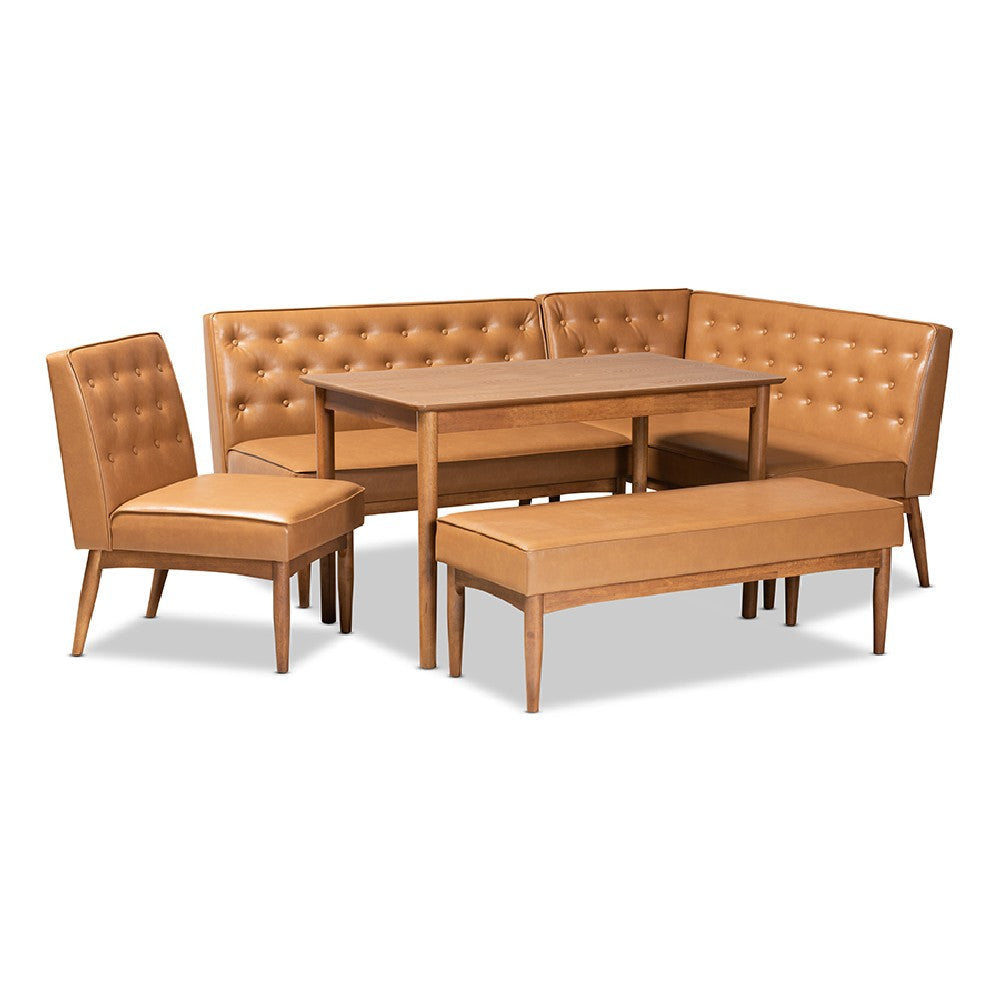 Baxton Studio Riordan Mid-Century Modern Tan Faux Leather Upholstered and Walnut Brown Finished Wood 5-Piece Dining Nook Set