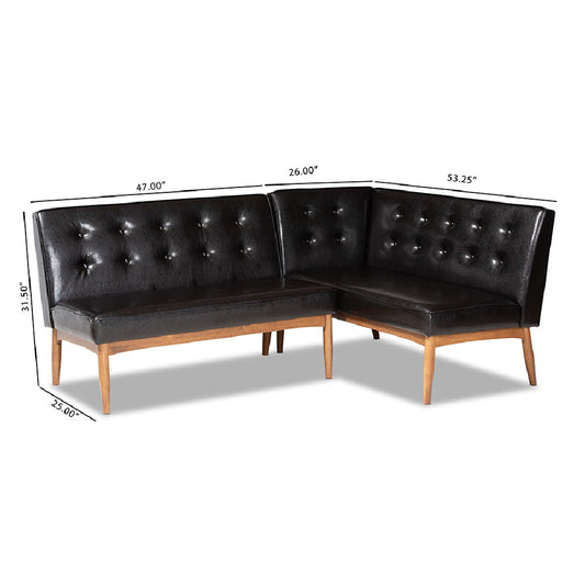 Baxton Studio Arvid Mid-Century Modern Dark Brown Faux Leather Upholstered 2-Piece Wood Dining Nook Banquette Set
