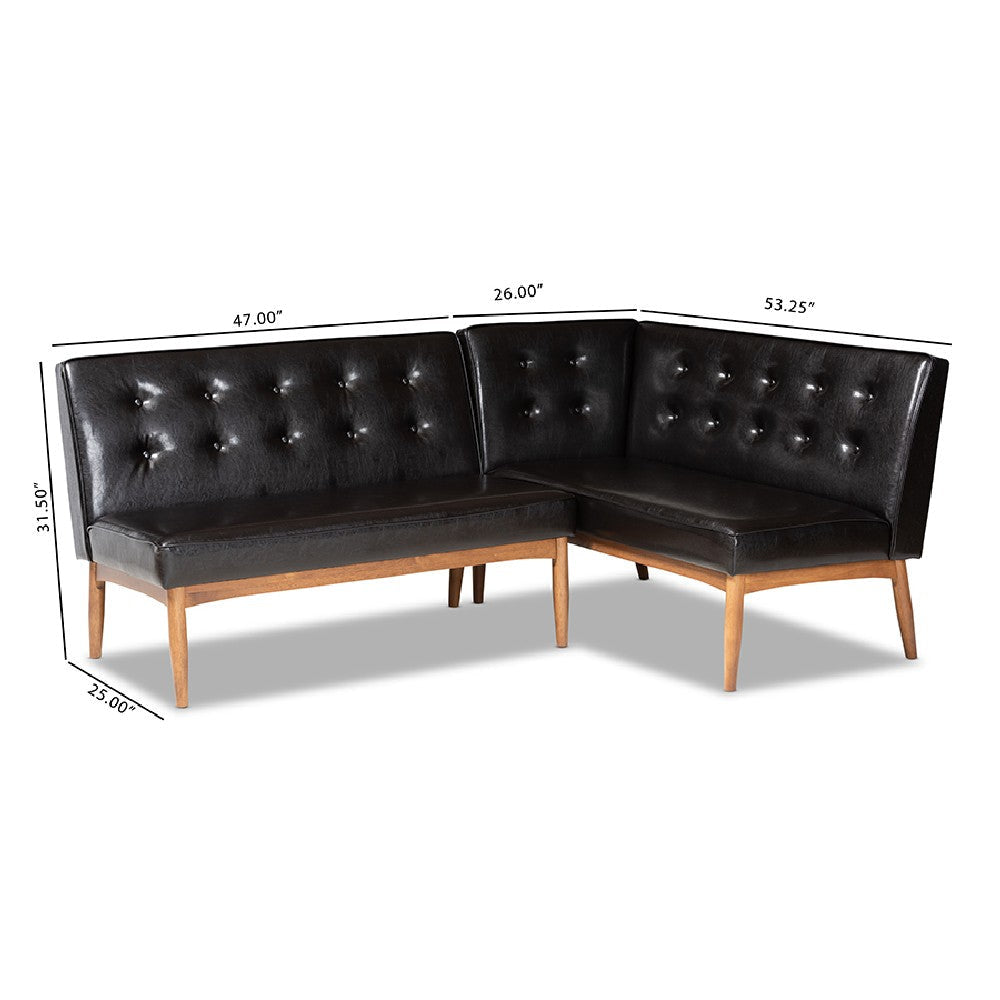 Baxton Studio Arvid Mid-Century Modern Dark Brown Faux Leather Upholstered 2-Piece Wood Dining Nook Banquette Set
