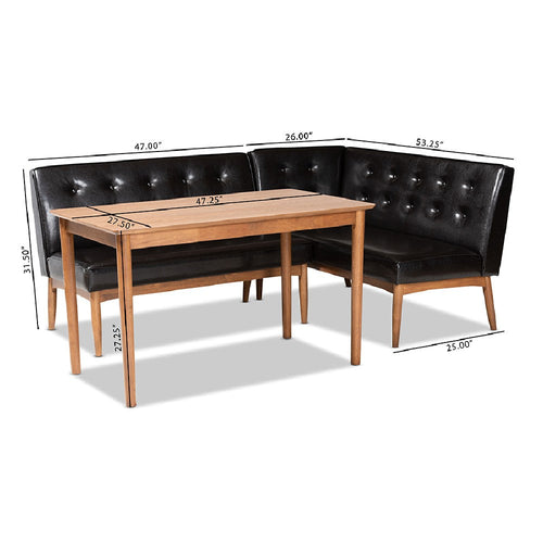 Baxton Studio Arvid Mid-Century Modern Dark Brown Faux Leather Upholstered 3-Piece Wood Dining Nook Set