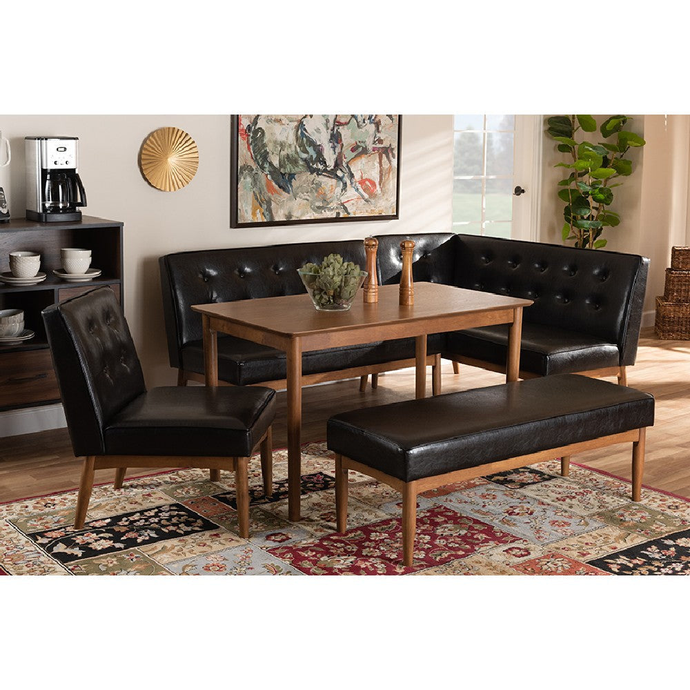Baxton Studio Arvid Mid-Century Modern Dark Brown Faux Upholstered Leather 5-Piece Wood Dining Nook Set