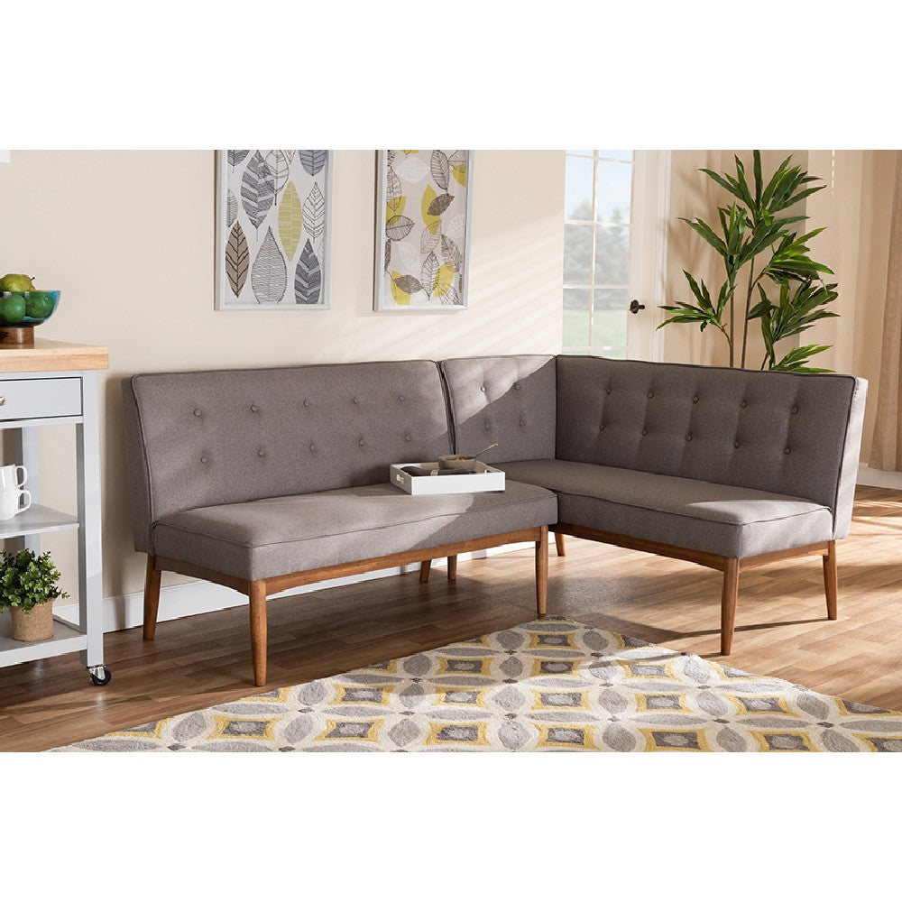 Baxton Studio Arvid Mid-Century Modern Gray Fabric Upholstered 2-Piece Wood Dining Nook Banquette Set
