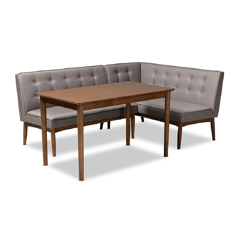 Baxton Studio Arvid Mid-Century Modern Gray Fabric Upholstered 3-Piece Wood Dining Nook Set WHI-BBT8051-Grey-Walnut-3PC-Dining-Nook-Set