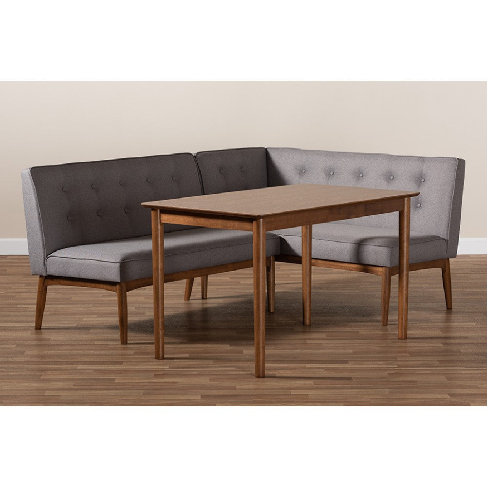 Baxton Studio Arvid Mid-Century Modern Gray Fabric Upholstered 3-Piece Wood Dining Nook Set WHI-BBT8051-Grey-Walnut-3PC-Dining-Nook-Set