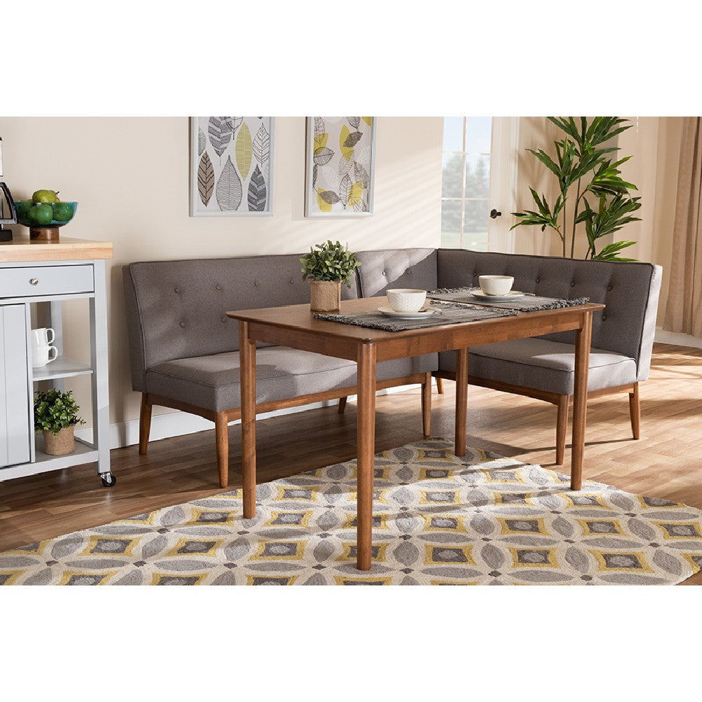 Baxton Studio Arvid Mid-Century Modern Gray Fabric Upholstered 3-Piece Wood Dining Nook Set WHI-BBT8051-Grey-Walnut-3PC-Dining-Nook-Set