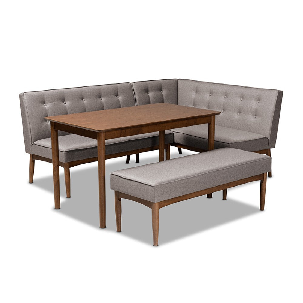 Baxton Studio Arvid Mid-Century Modern Gray Fabric Upholstered 4-Piece Wood Dining Nook Set WHI-BBT8051-Grey-Walnut-4PC-Dining-Nook-Set