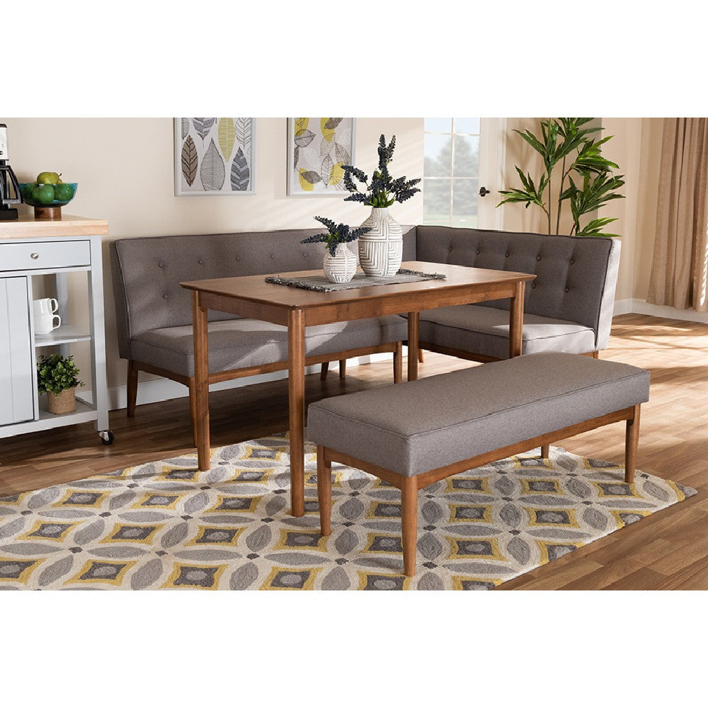 Baxton Studio Arvid Mid-Century Modern Gray Fabric Upholstered 4-Piece Wood Dining Nook Set WHI-BBT8051-Grey-Walnut-4PC-Dining-Nook-Set