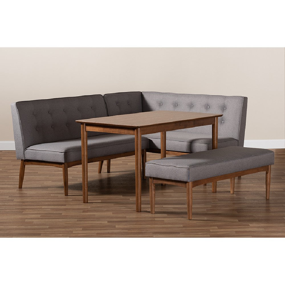 Baxton Studio Arvid Mid-Century Modern Gray Fabric Upholstered 4-Piece Wood Dining Nook Set WHI-BBT8051-Grey-Walnut-4PC-Dining-Nook-Set