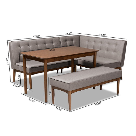 Baxton Studio Arvid Mid-Century Modern Gray Fabric Upholstered 4-Piece Wood Dining Nook Set