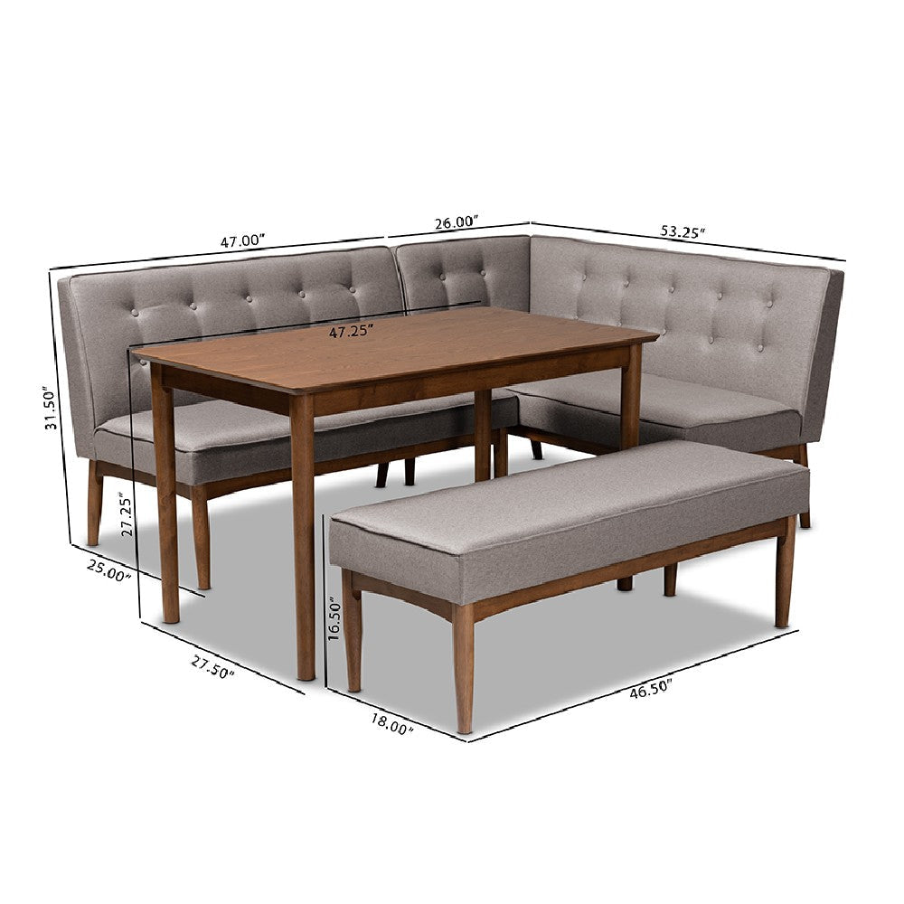 Baxton Studio Arvid Mid-Century Modern Gray Fabric Upholstered 4-Piece Wood Dining Nook Set