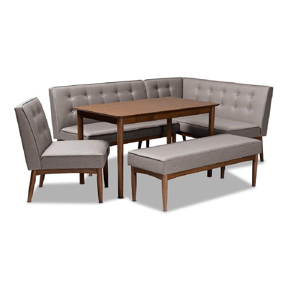 Baxton Studio Arvid Mid-Century Modern Gray Fabric Upholstered 5-Piece Wood Dining Nook Set WHI-BBT8051-Grey-Walnut-5PC-Dining-Nook-Set